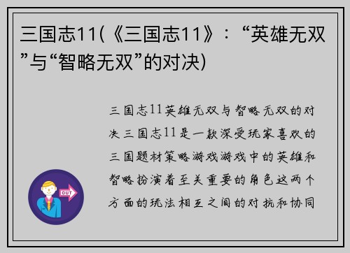 三国志11(《三国志11》：“英雄无双”与“智略无双”的对决)
